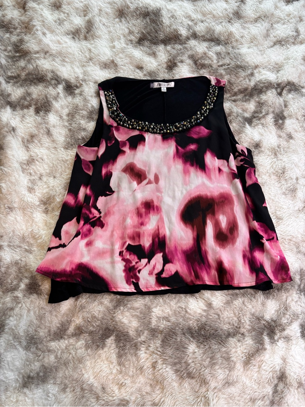 Jennifer Lopez Pink and Black Beaded Neck Floral Camisole